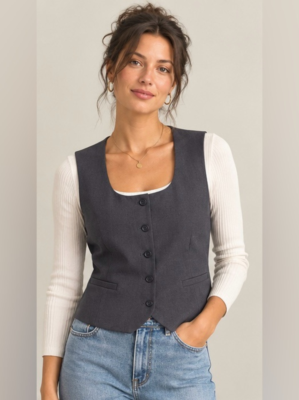 DYNAMITE Navy Oxford Blue Sleeveless Button Vest